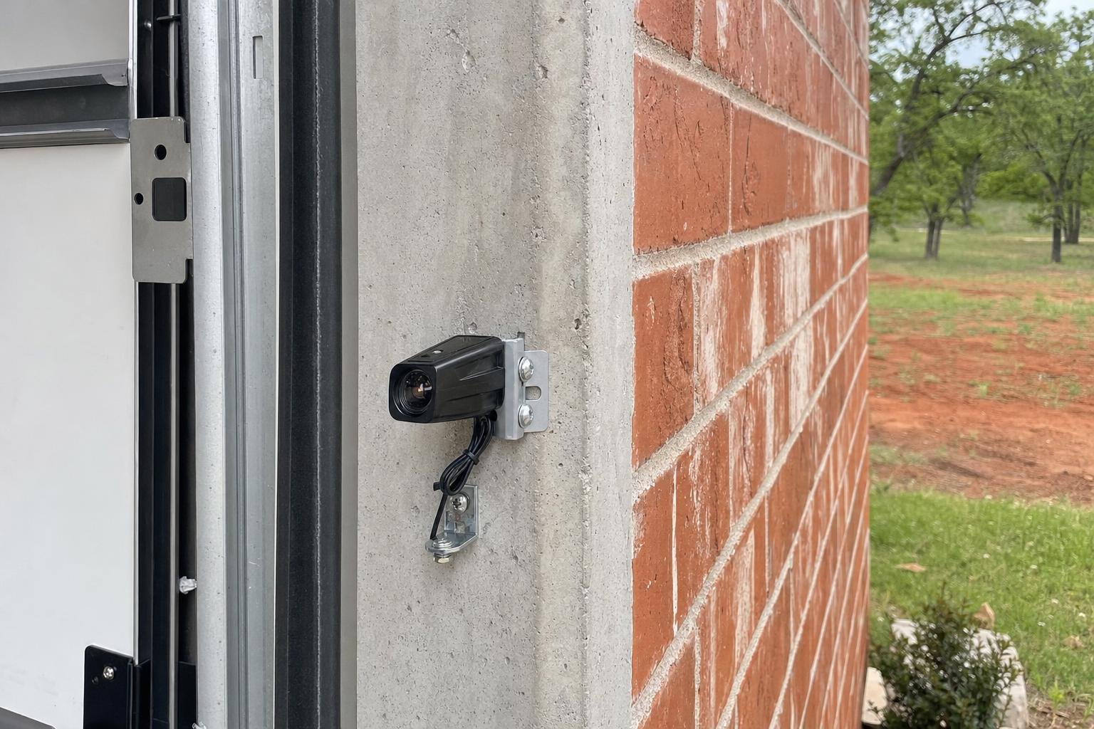 Stock photo of illustrative image of garage door safety sensor repair work
